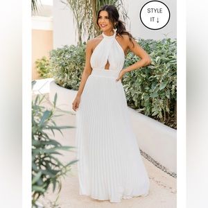 Sunny Gleam White Accordion Halter Maxi Dress